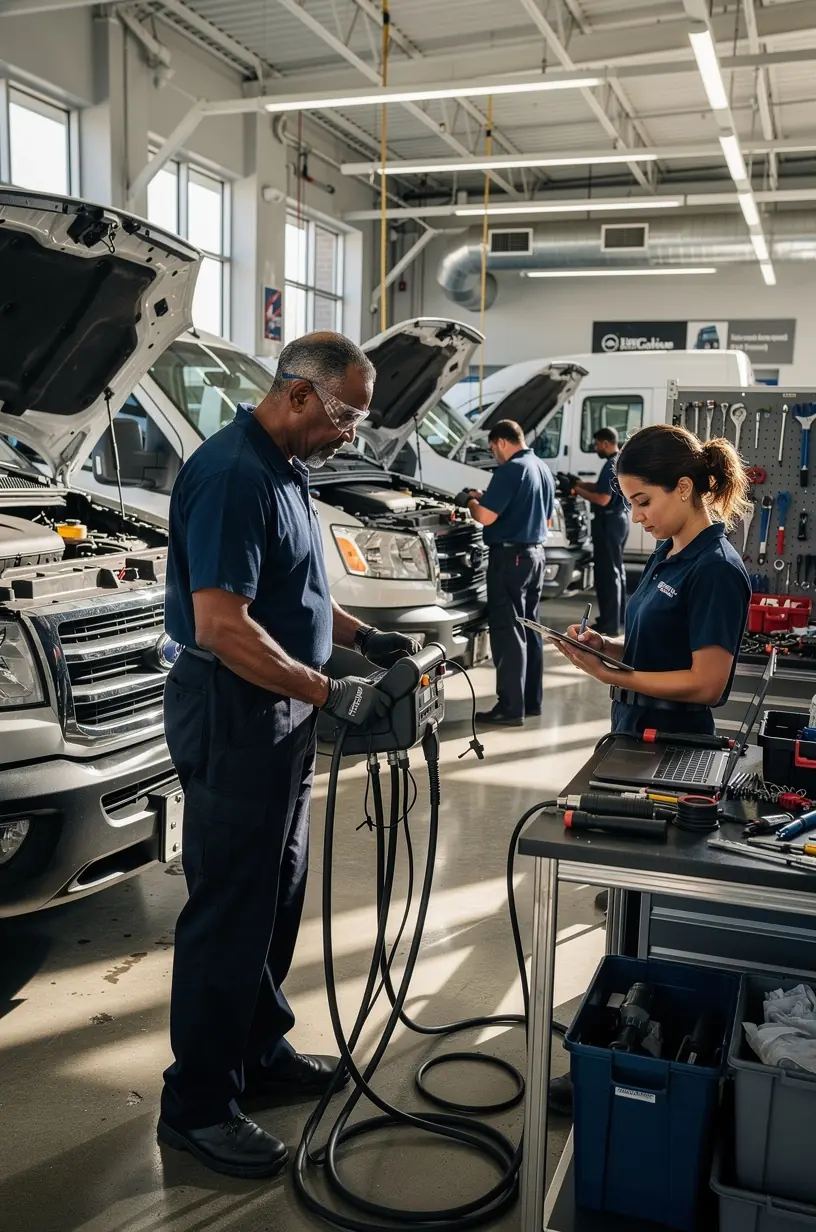 Fleet manager discussing maintenance planning strategies with technicians in a professional setting.