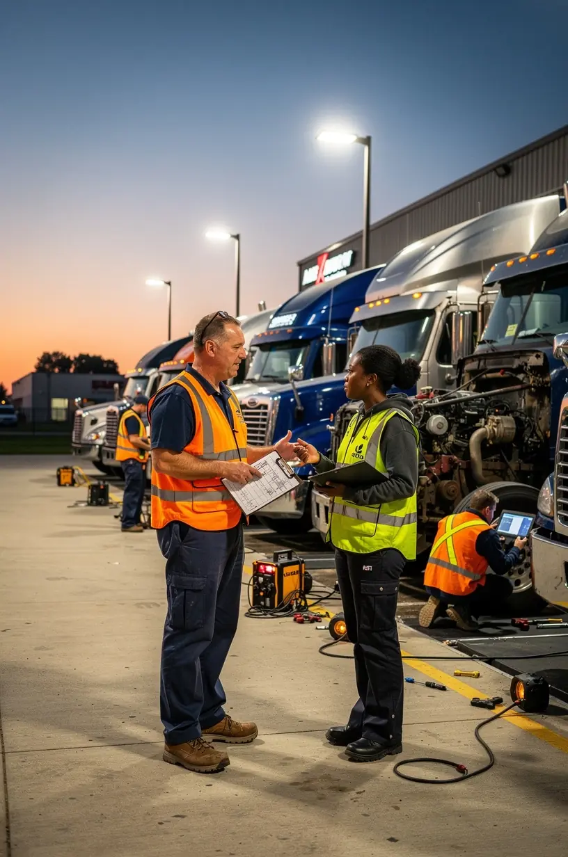 Team of fleet maintenance professionals reviewing maintenance schedules and performance reports.